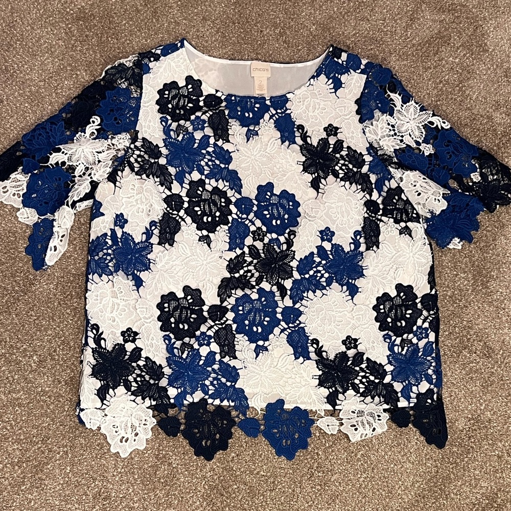 Chico’s Sz 2 - Women’s Size Large - Crocheted Floral Top Blouse